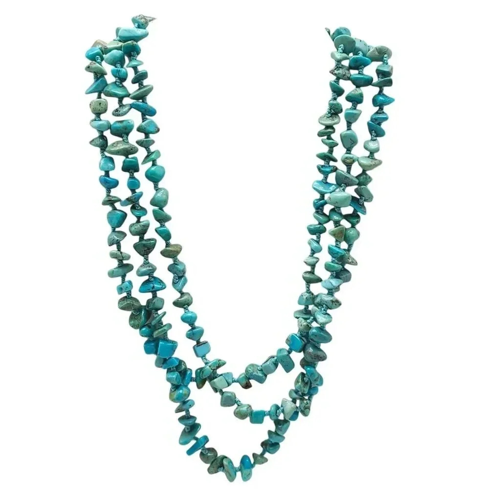 Blue Turquoise Chips Multi Strand Necklace Mother of Pearl Toggle Closure